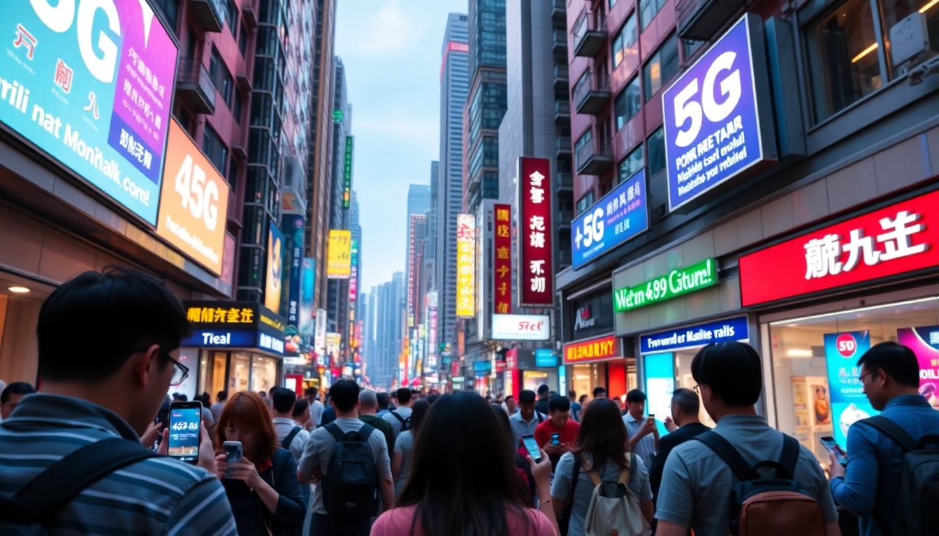 香港繁忙的城市街景，展示人們使用智能手機的場景，背景有數位廣告牌，突顯5G科技的現代感。