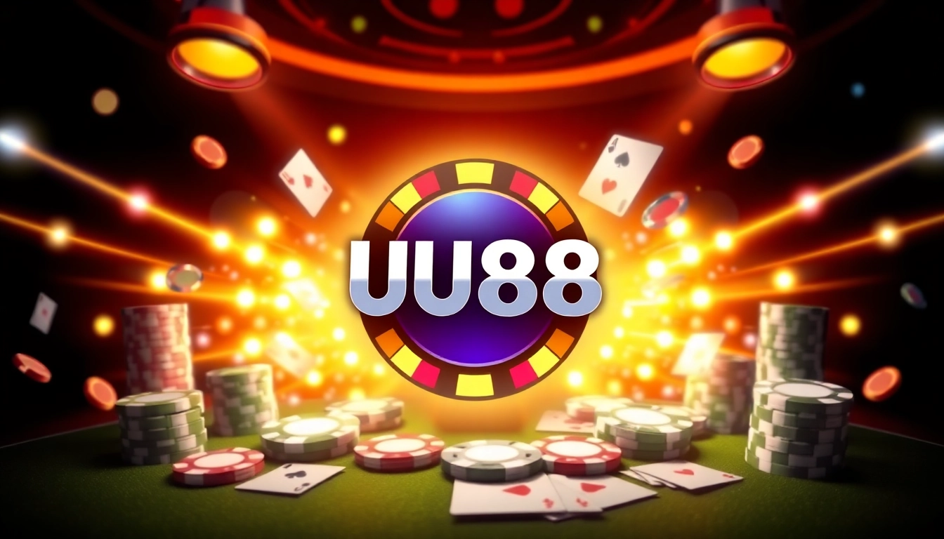 Bright, engaging image showcasing UU88 online casino branding with chips, cards, and casino ambiance to attract players.
