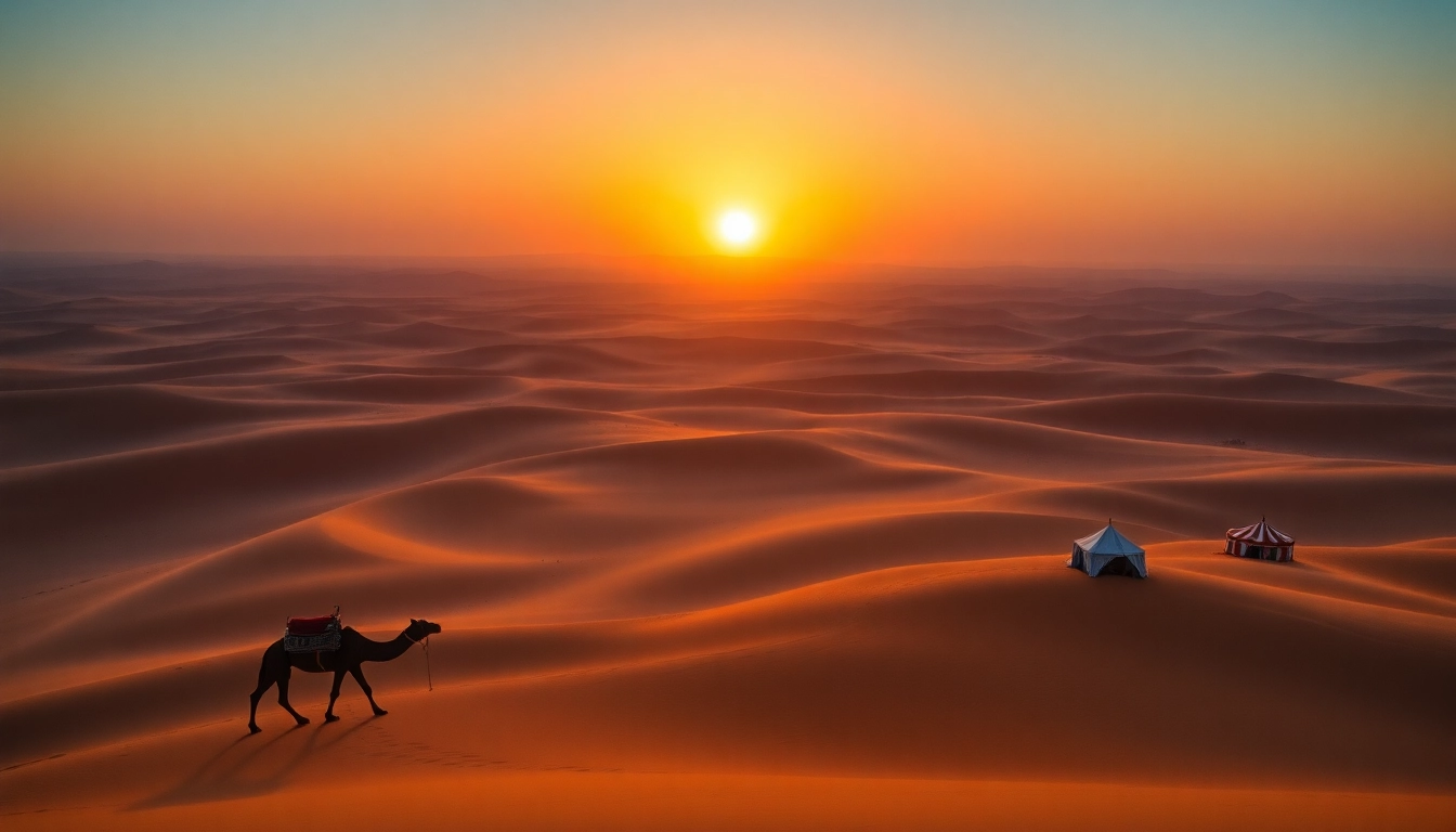 Experience Morocco Private Tours with a scenic sunrise over Sahara dunes and camels for an unforgettable adventure.