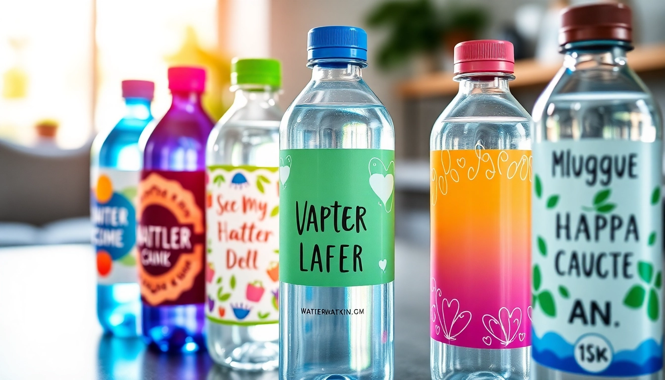 Custom water bottle labels featuring colorful designs and waterproof finish, ideal for events and branding.