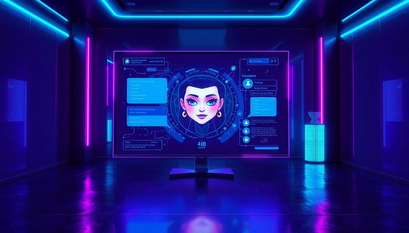 Futuristic AI chatbot interface with a digital character in a cyberpunk-inspired room with neon lighting.