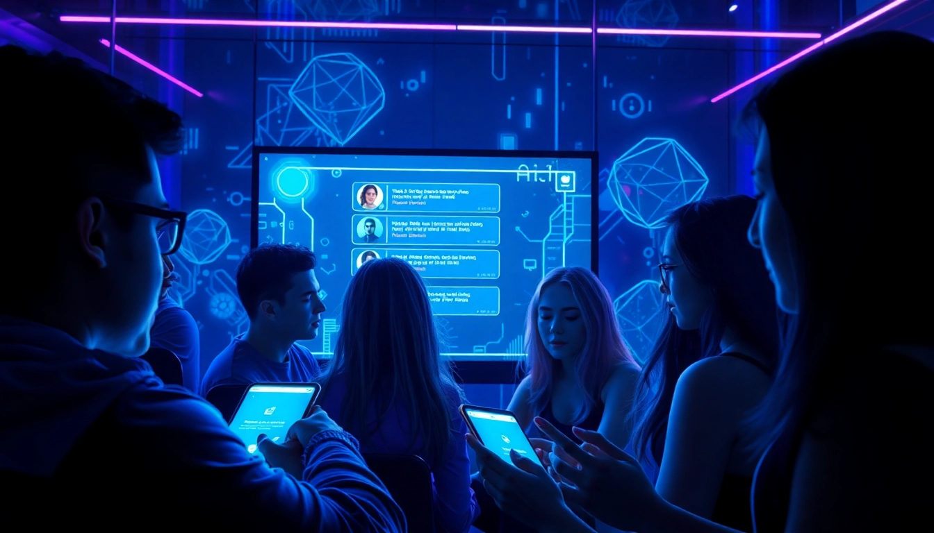 People engaging with AI chat on their devices in a high-tech, neon-lit room.