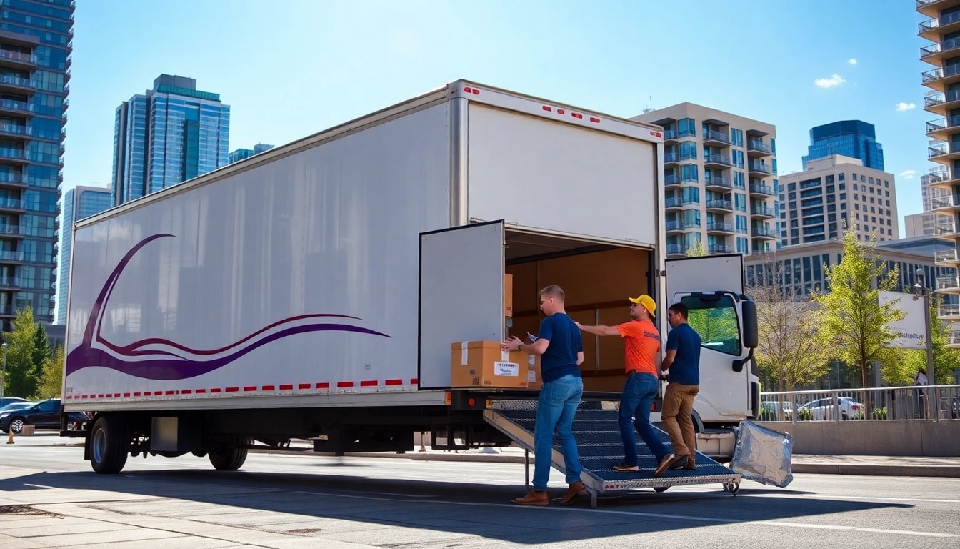 Apex Movers in Calgary AB safely handling a move with a professional team loading a truck in Calgary's cityscape, demonstrating experienced moving services.