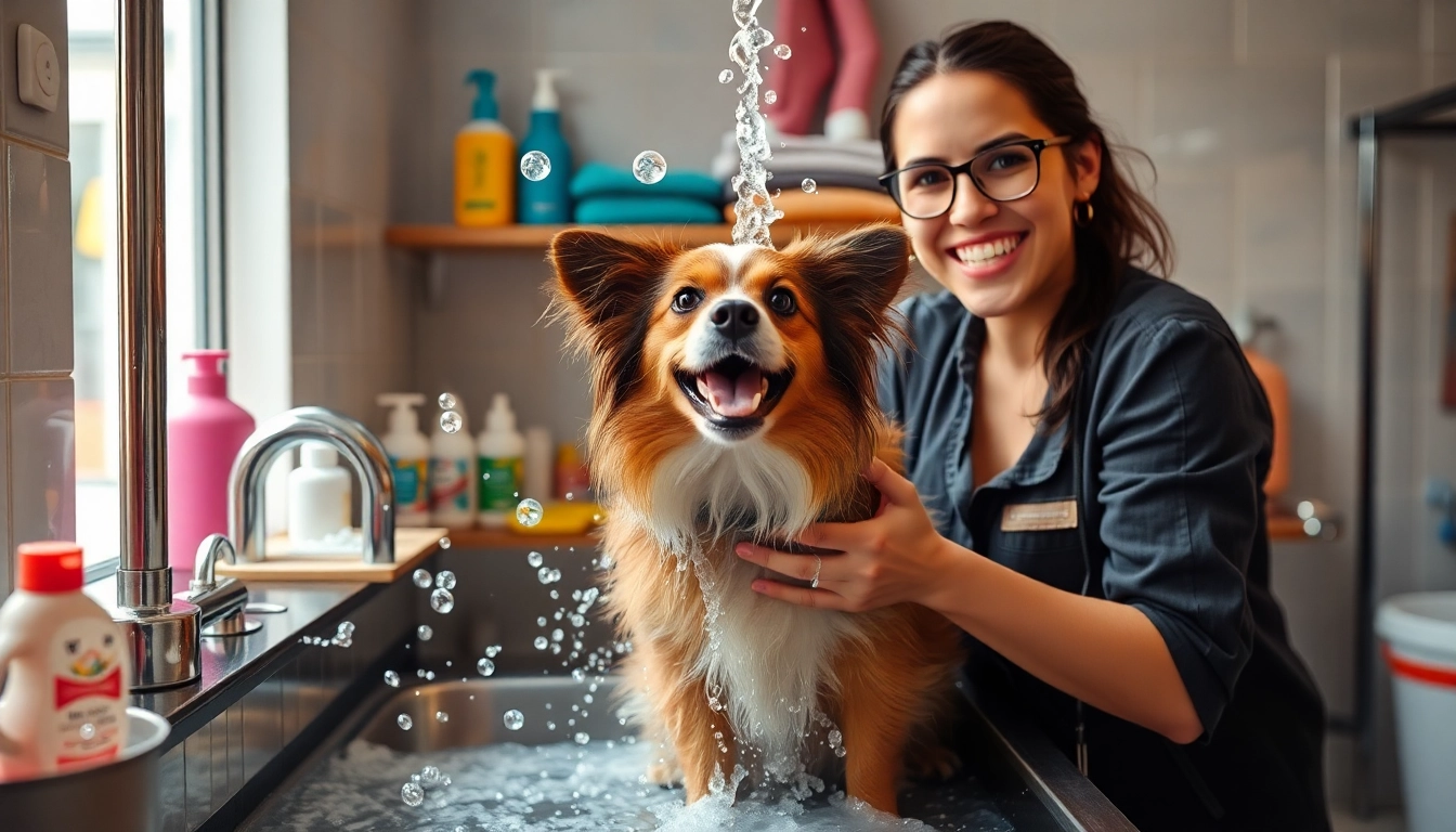 Wash your dog near me in a bright, friendly facility, showcasing bubbles and a happy owner.