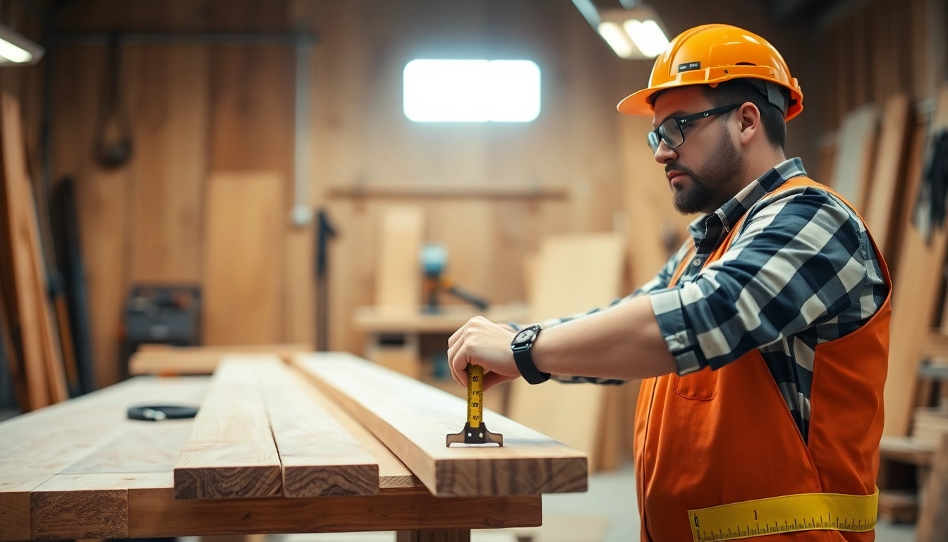 Carpenter measuring wood in a professional workshop, highlighting precision and craftsmanship for quality construction.