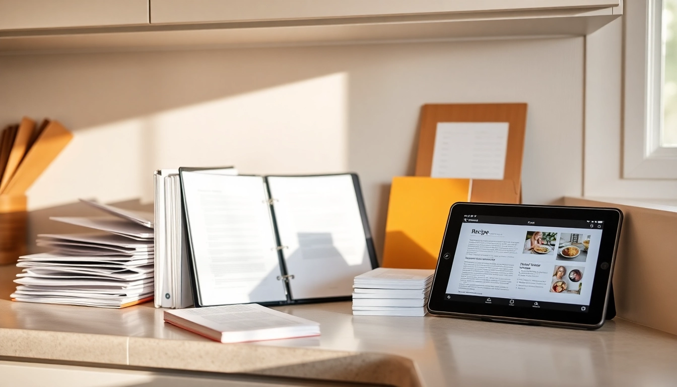 Organize recipe collection with neatly arranged binders, tablets, and index cards in a bright kitchen setting, inspiring efficient meal prep.