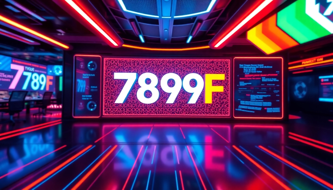 789F branding on a user interface with vibrant neon lights, symbolizing digital connection and innovation, highly detailed.