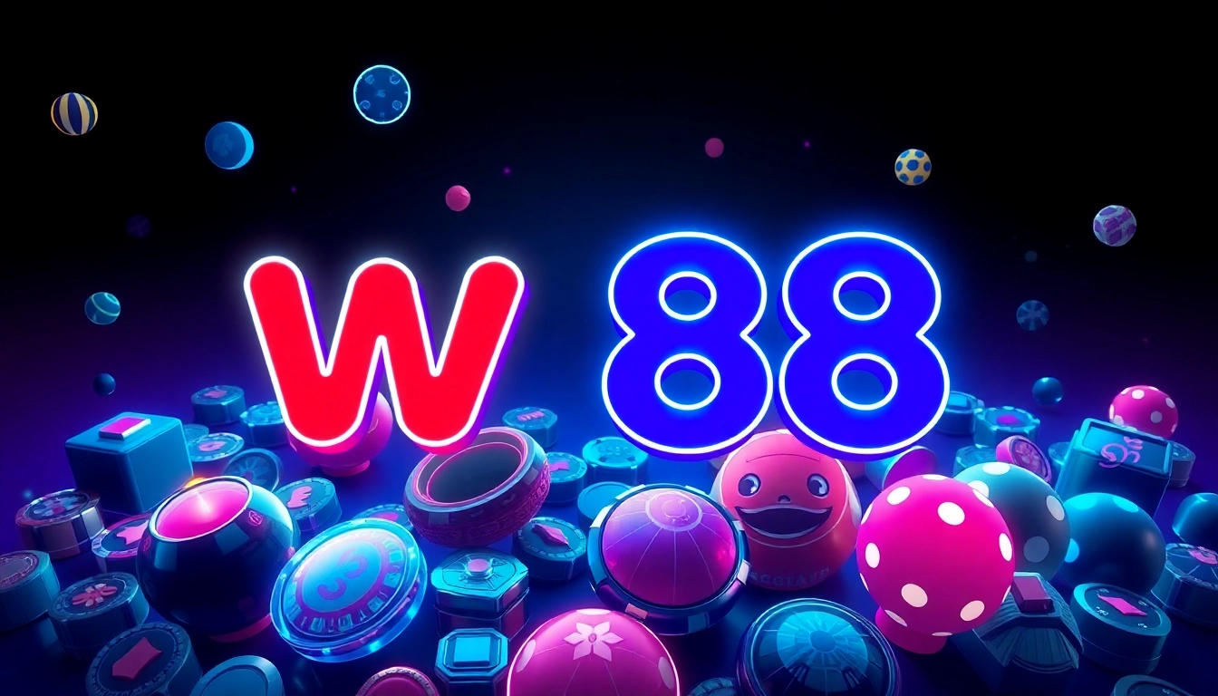 Engaging graphic showing the w88 gaming platform with casino icons and vibrant neon lighting for attractive online betting experience.