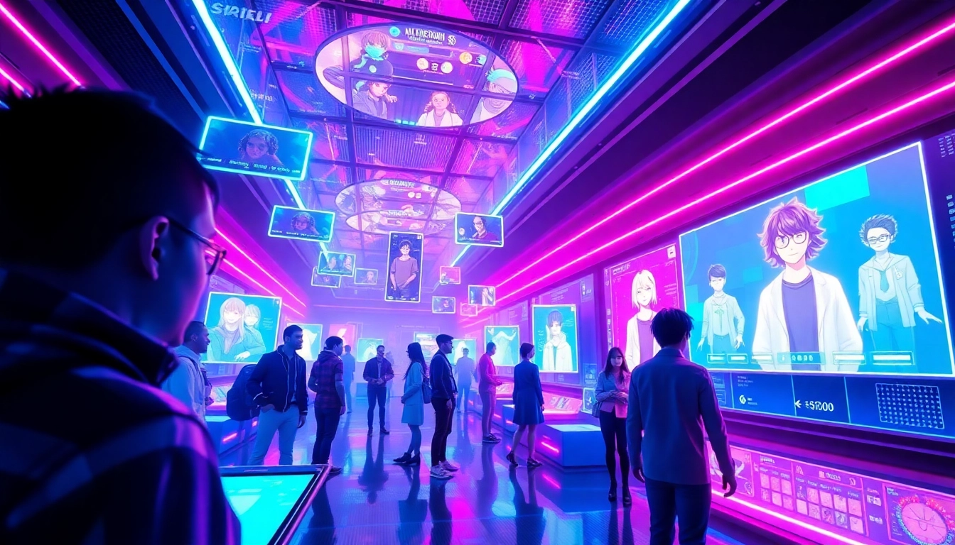 Futuristic digital social media environment with holographic characters and vibrant neon colors