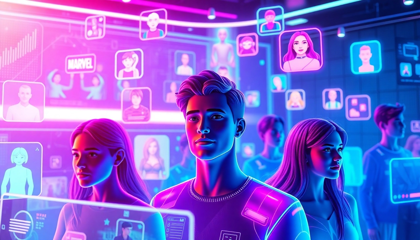 Futuristic digital social environment with avatars and holographic screens