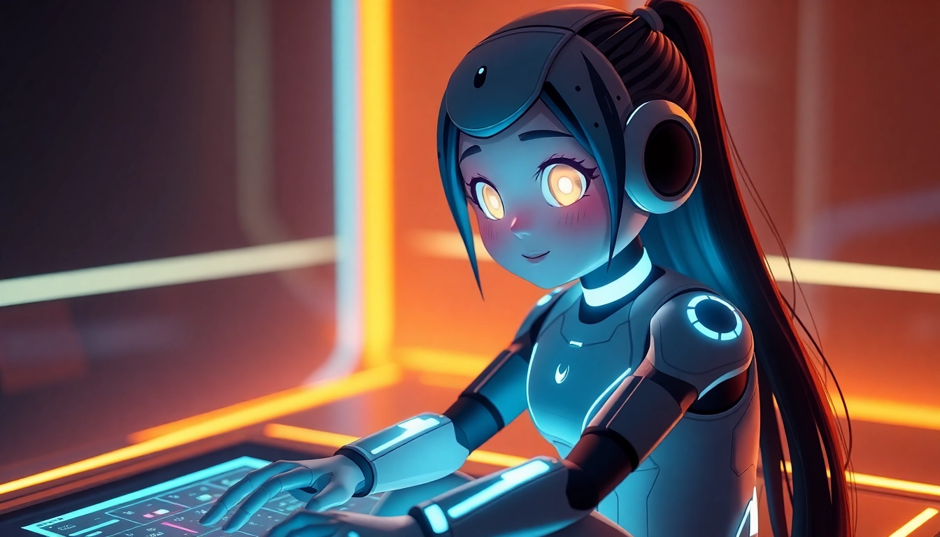 AI girlfriend interacting via a virtual chat bubble, representing personal connection and companionship in a vibrant digital setting.