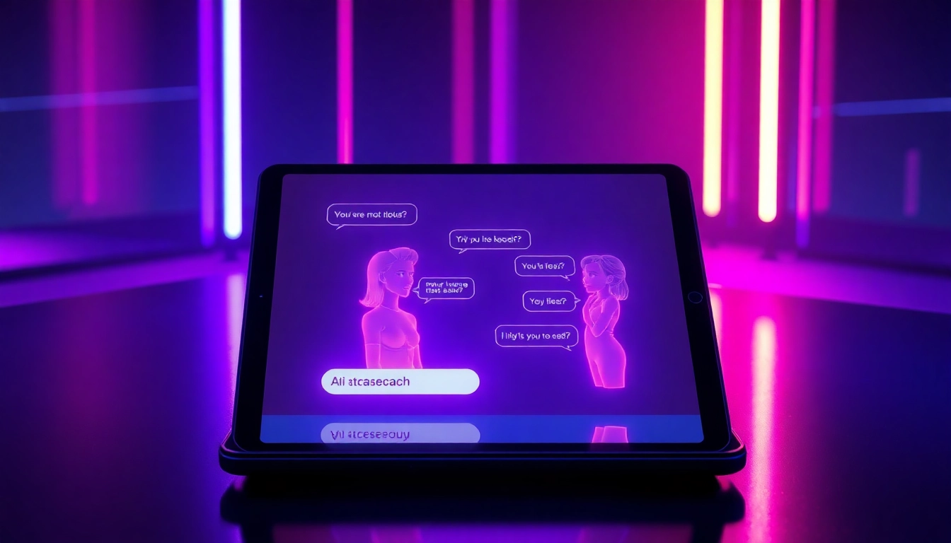 Futuristic AI interface on a tablet with holographic avatars engaged in flirtatious chat in a neon-lit room.