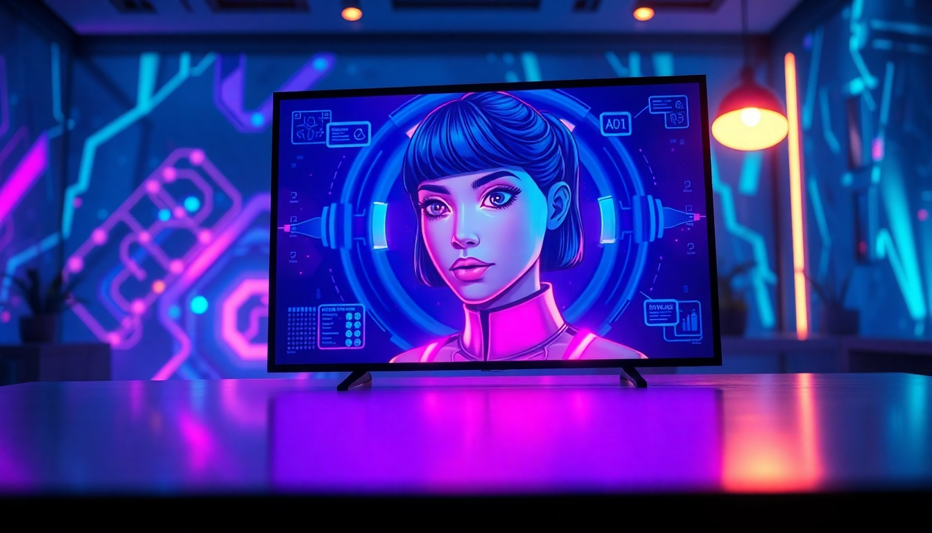 Futuristic digital art of an AI interface with a hyper-realistic female avatar on a neon-lit screen in a modern room.