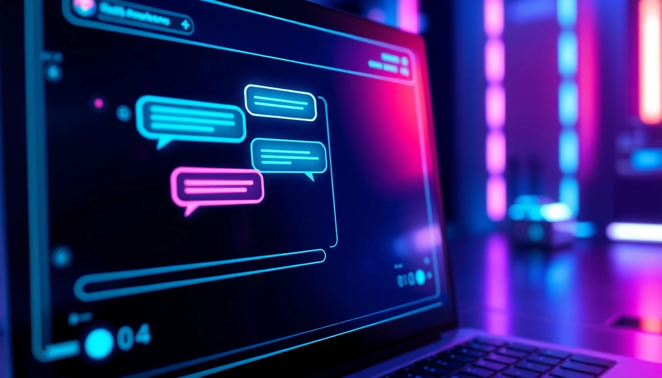 Futuristic AI chatbot interface on a digital screen with glowing speech bubbles and neon accents.