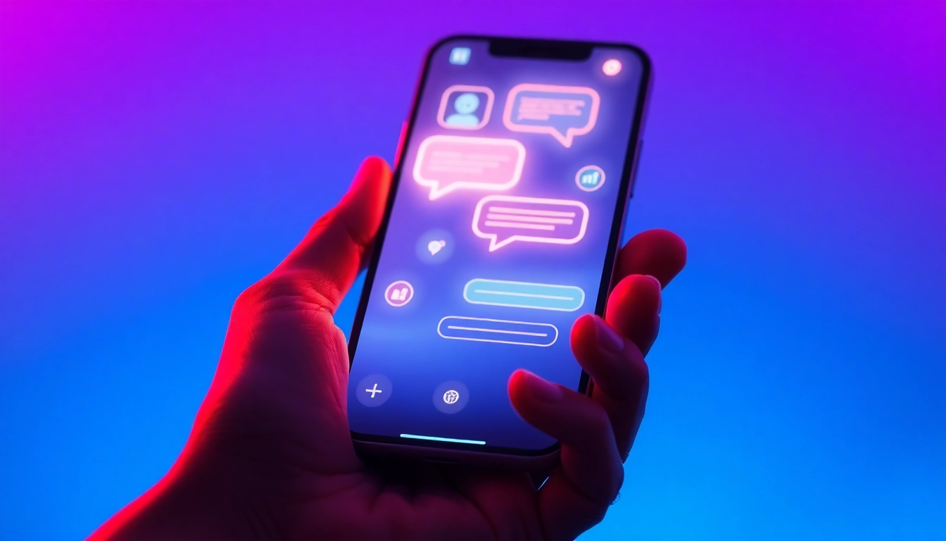 Futuristic smartphone displaying a chat interface with AI characters in a vibrant, glowing digital environment.