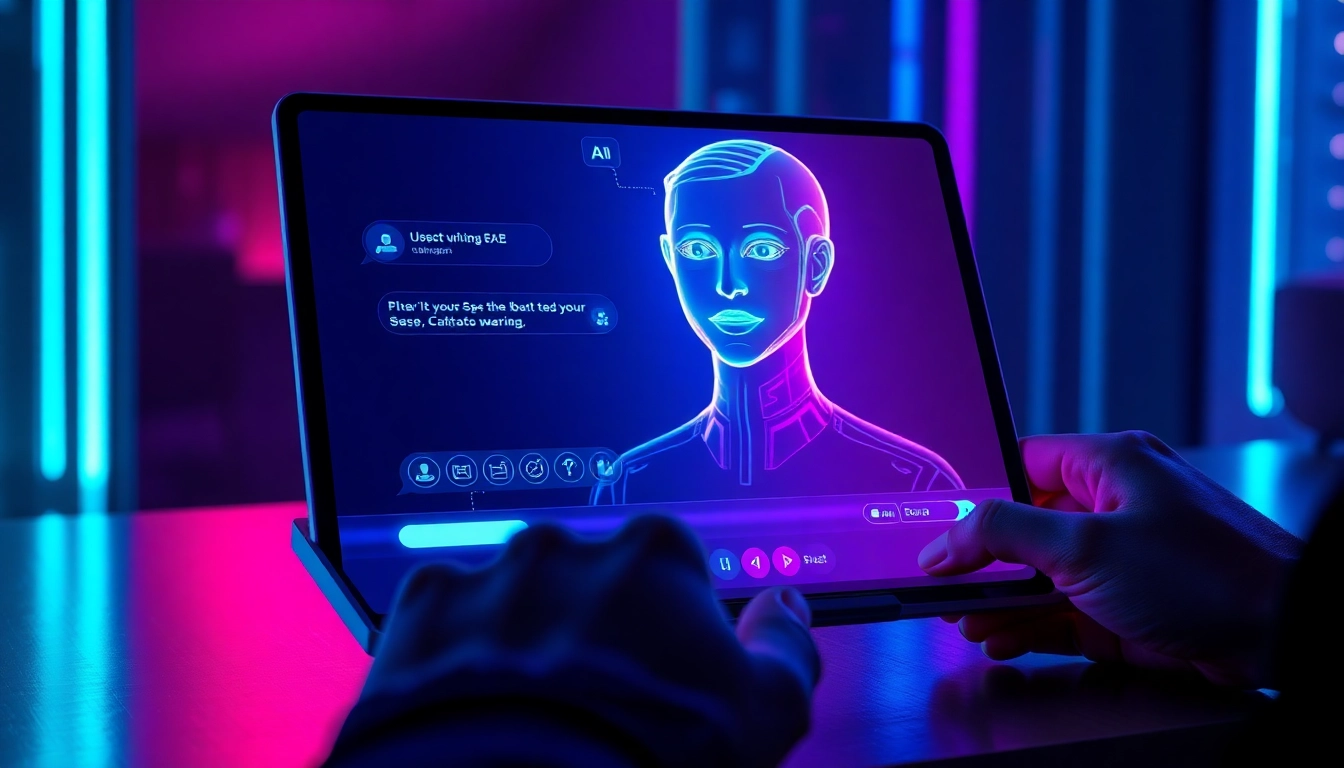 Futuristic AI chatbot interface with holographic avatar on a digital device at night