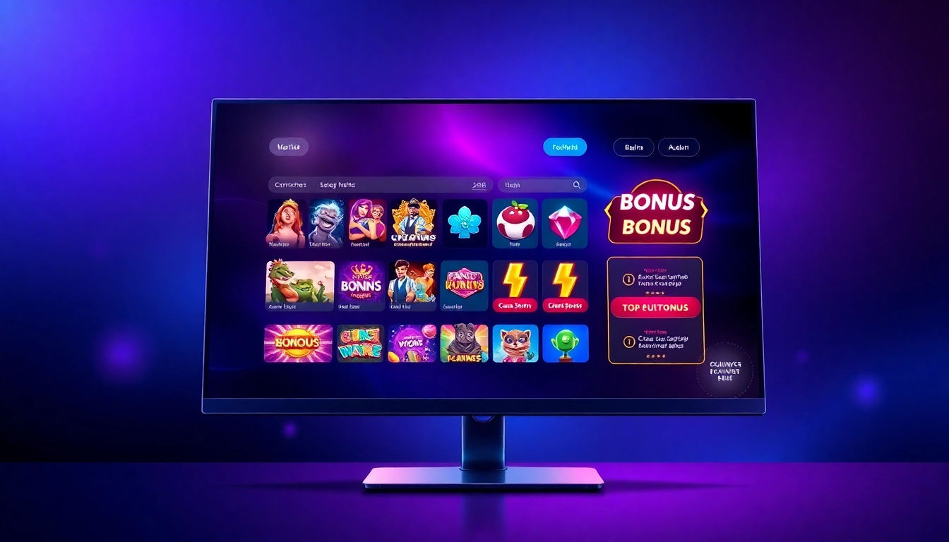 An illustration of an online gaming platform interface with colorful bonuses and jackpot banners glowing at night.
