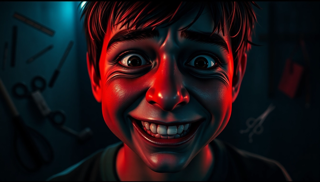 A close-up of Harvey showing pain and fear, with violent tools faintly glowing in the background, creating a tense, disturbing atmosphere.