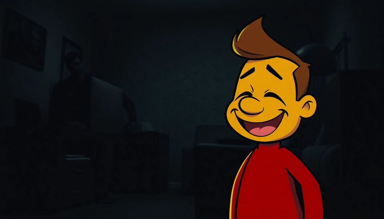 A distressed man facing a cheerful but suffering Harvey in a dark room, illustrating moral tension in a psychological horror setting.