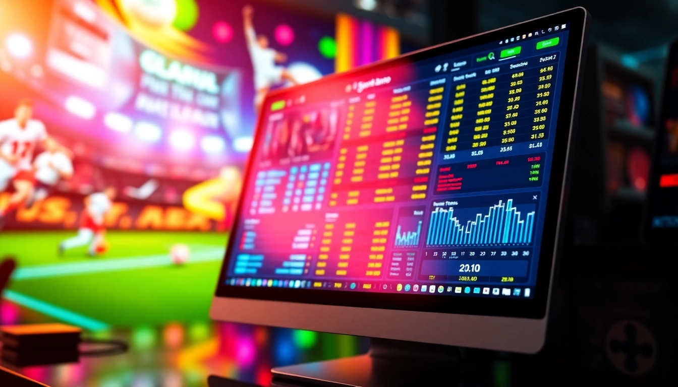 Digital illustration of an online sportsbook and casino platform with vibrant sports visuals and neon lighting.