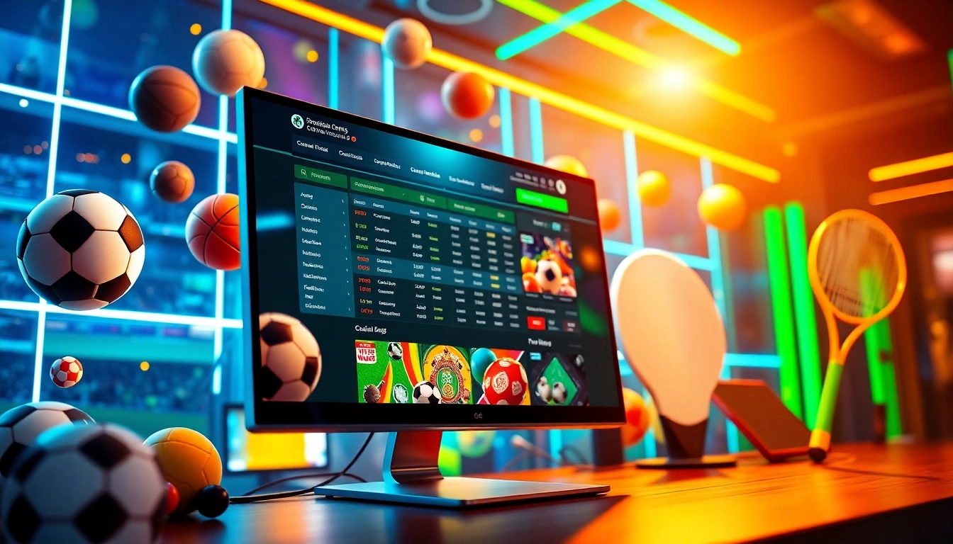 Digital representation of an online sportsbook and casino platform with sports icons and neon lights