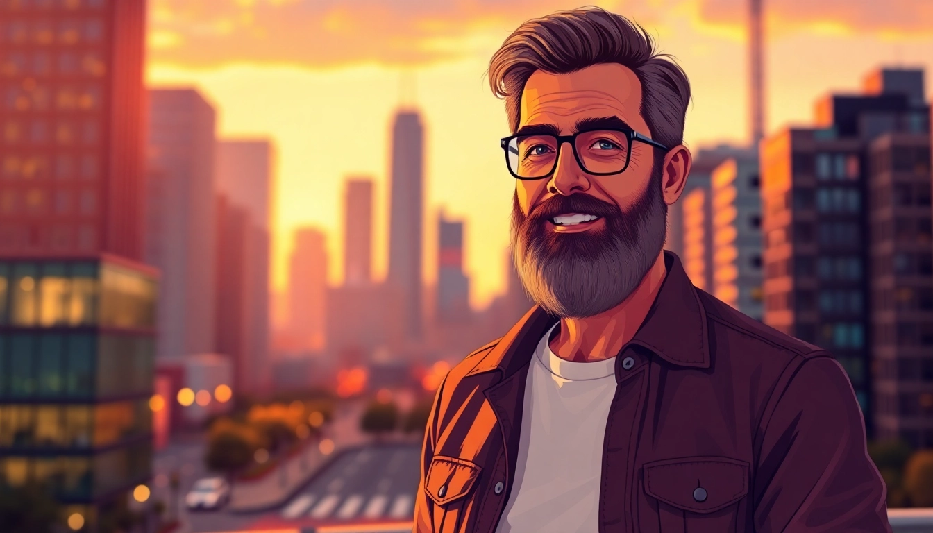 A confident man in his 40s standing in an urban cityscape at sunset, smiling casually.