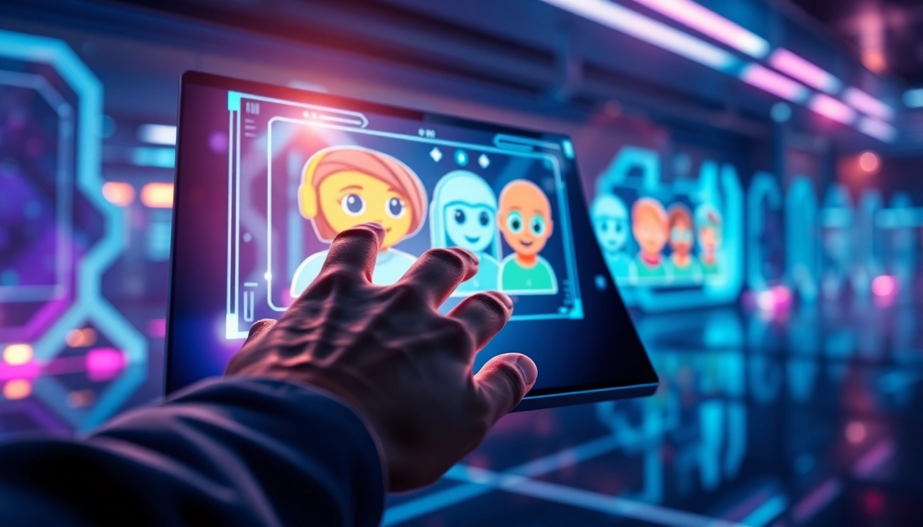 An illustration of a user interacting with a holographic AI chat interface on a futuristic device, highlighting advanced technology and engaging AI characters.