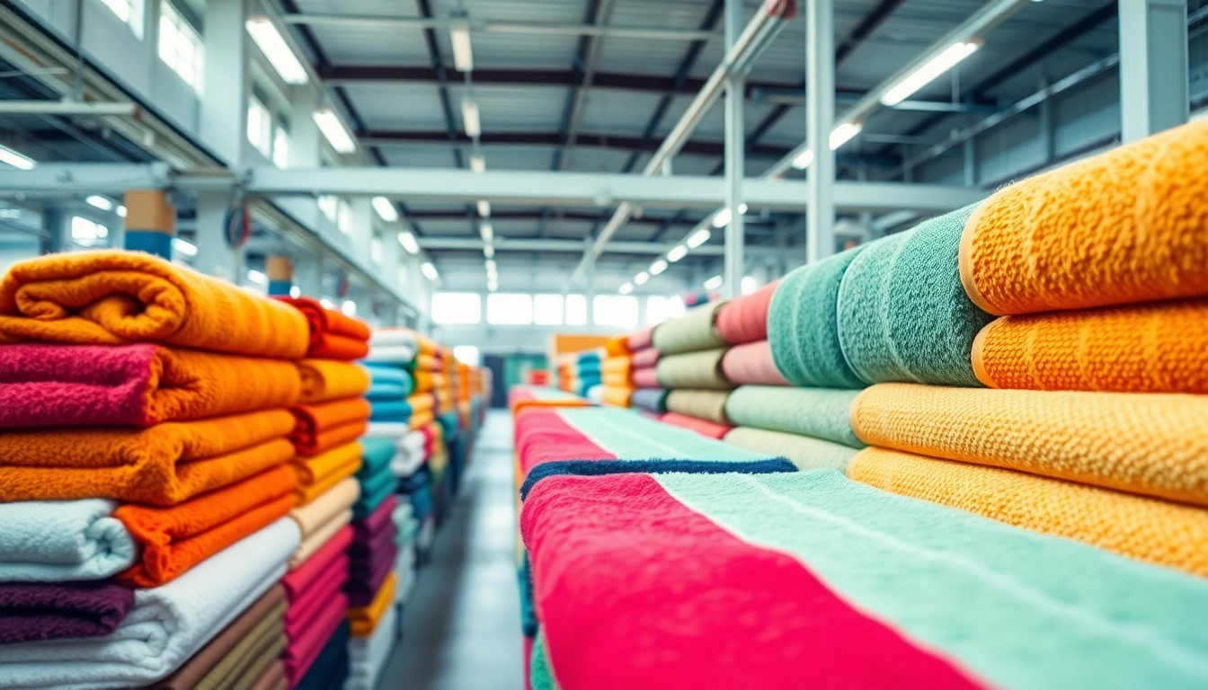 High-quality towels manufactured in Pakistan displayed in a clean, professional factory environment, highlighting craftsmanship and textile detail.