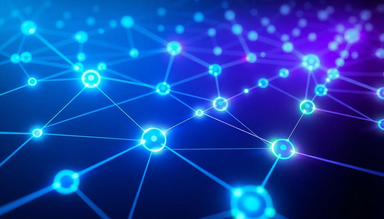 Blockchain network connecting digital nodes representing secure and transparent transactions in
