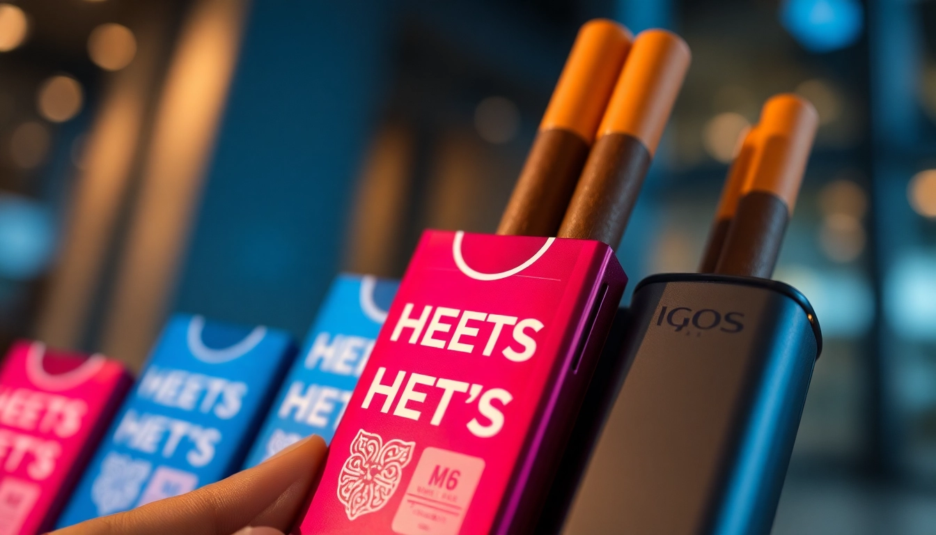 Heets sigara displayed in colorful packs with heatsticks inserted into IQOS device, highlighting modern smoking alternatives.