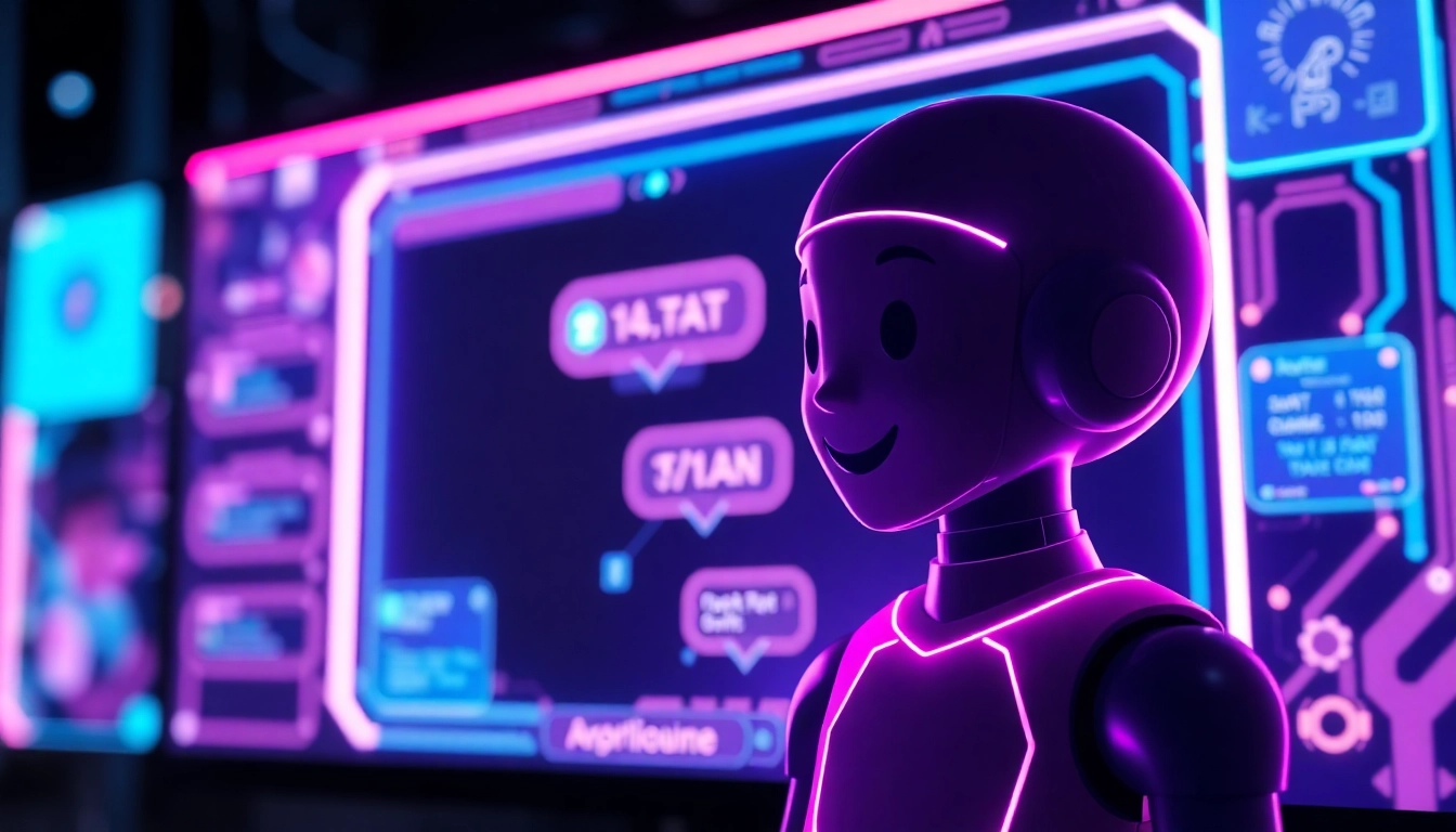 Futuristic AI chatbot interface with holographic elements and vibrant neon colors