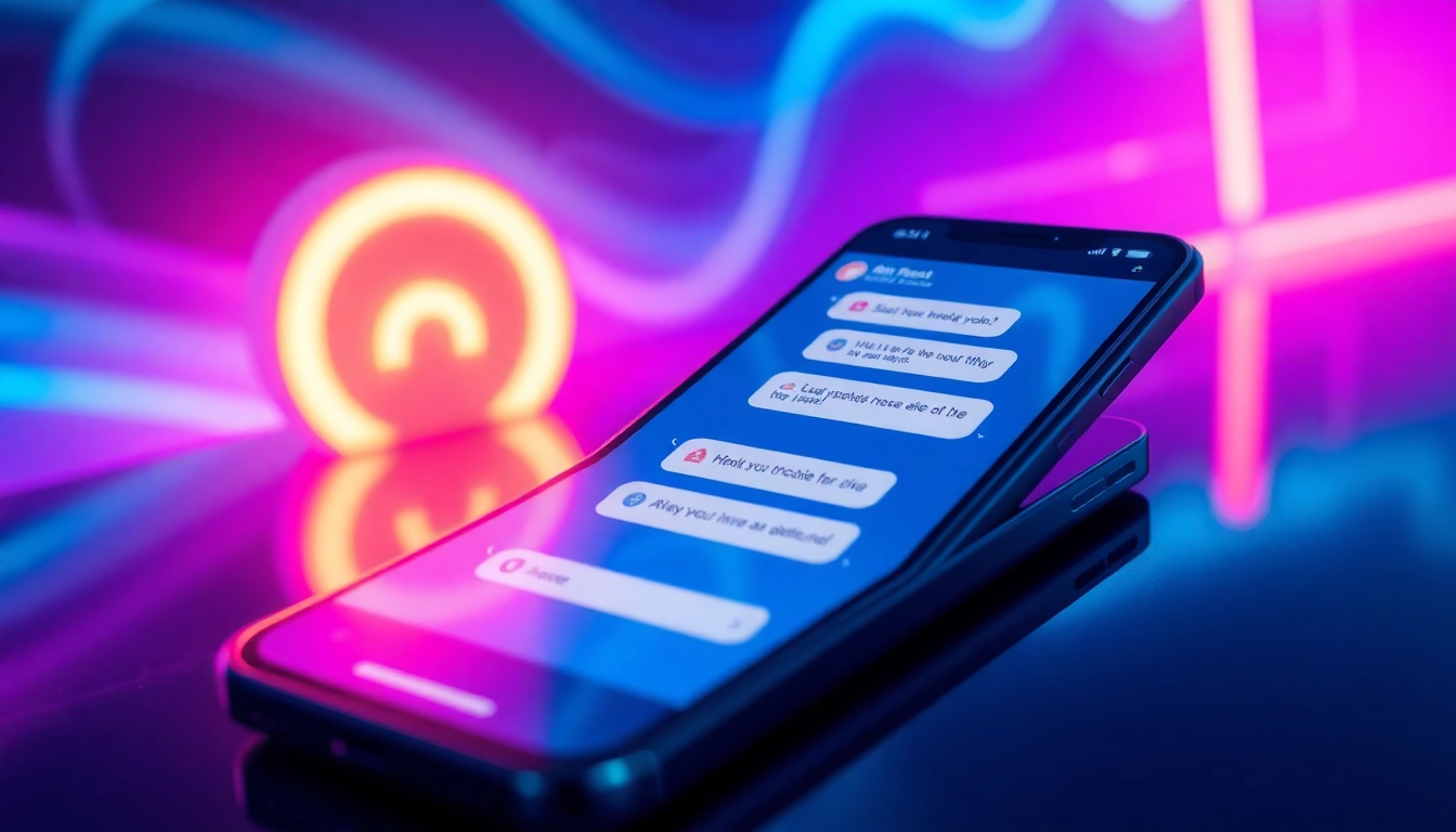 A futuristic smartphone displaying an AI chat interface with vibrant neon colors and digital textures.