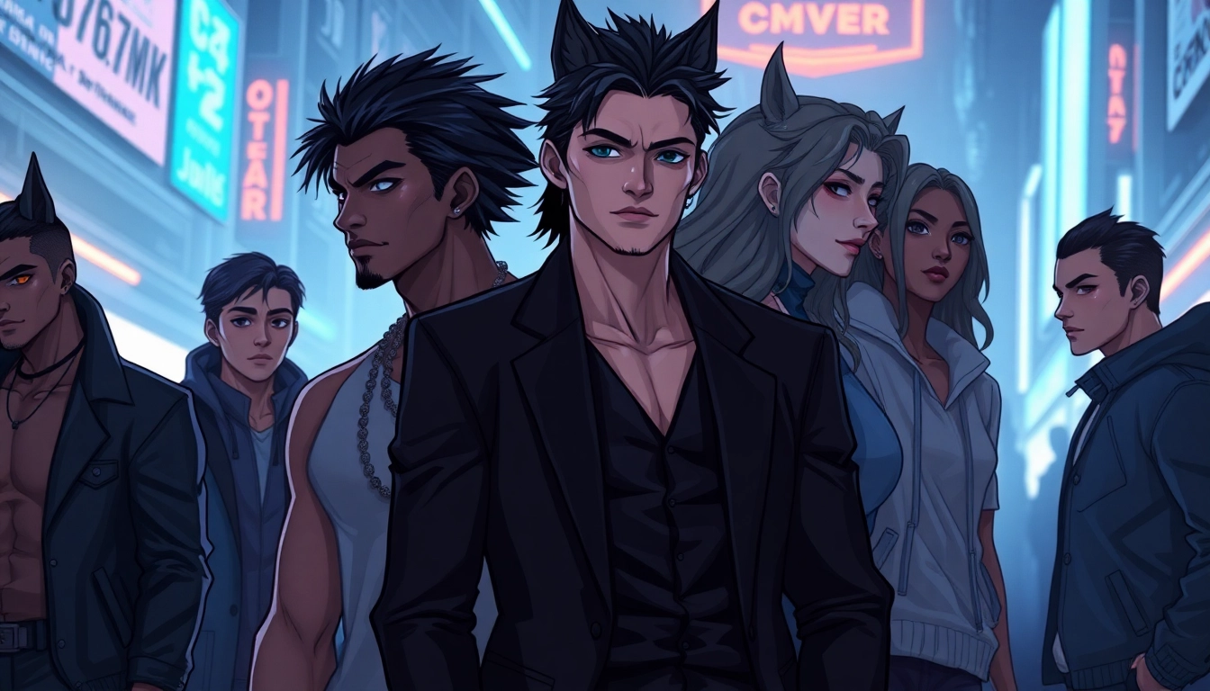 A futuristic scene showing humans with wolf-like elements representing the Omegaverse hierarchy in a cityscape.