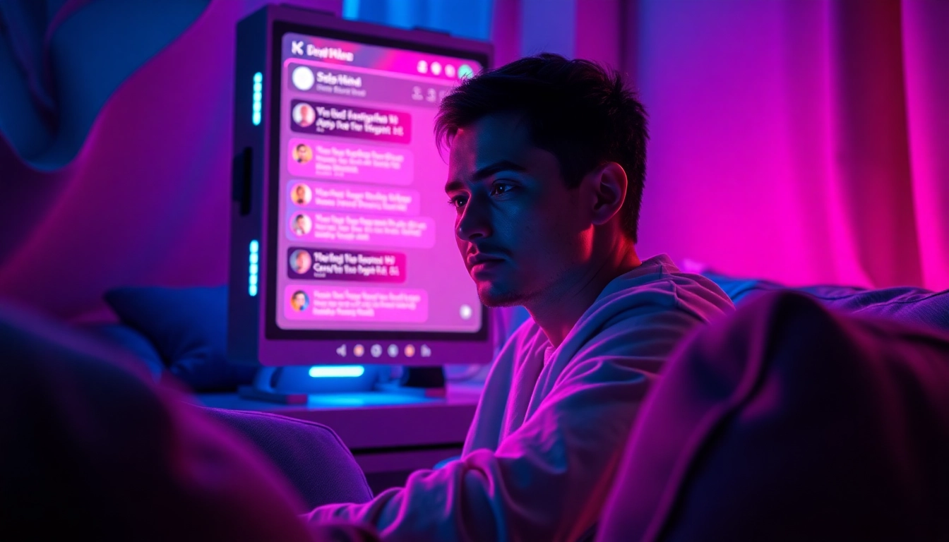 An illustration of a person engaging with a neon-lit digital chat interface in a cozy, high-tech room, with vibrant colors and textured details.