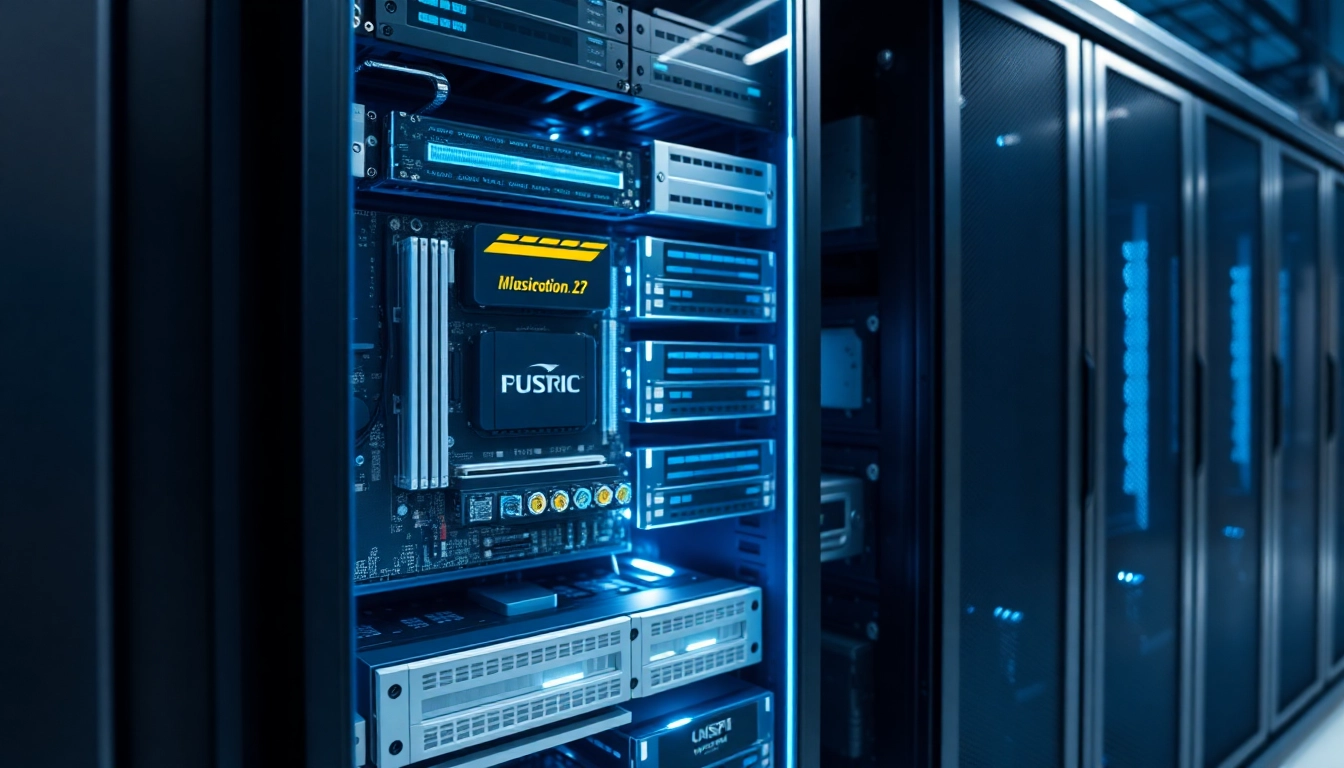 Professional image showcasing component server hardware with motherboard, RAM, storage drives,