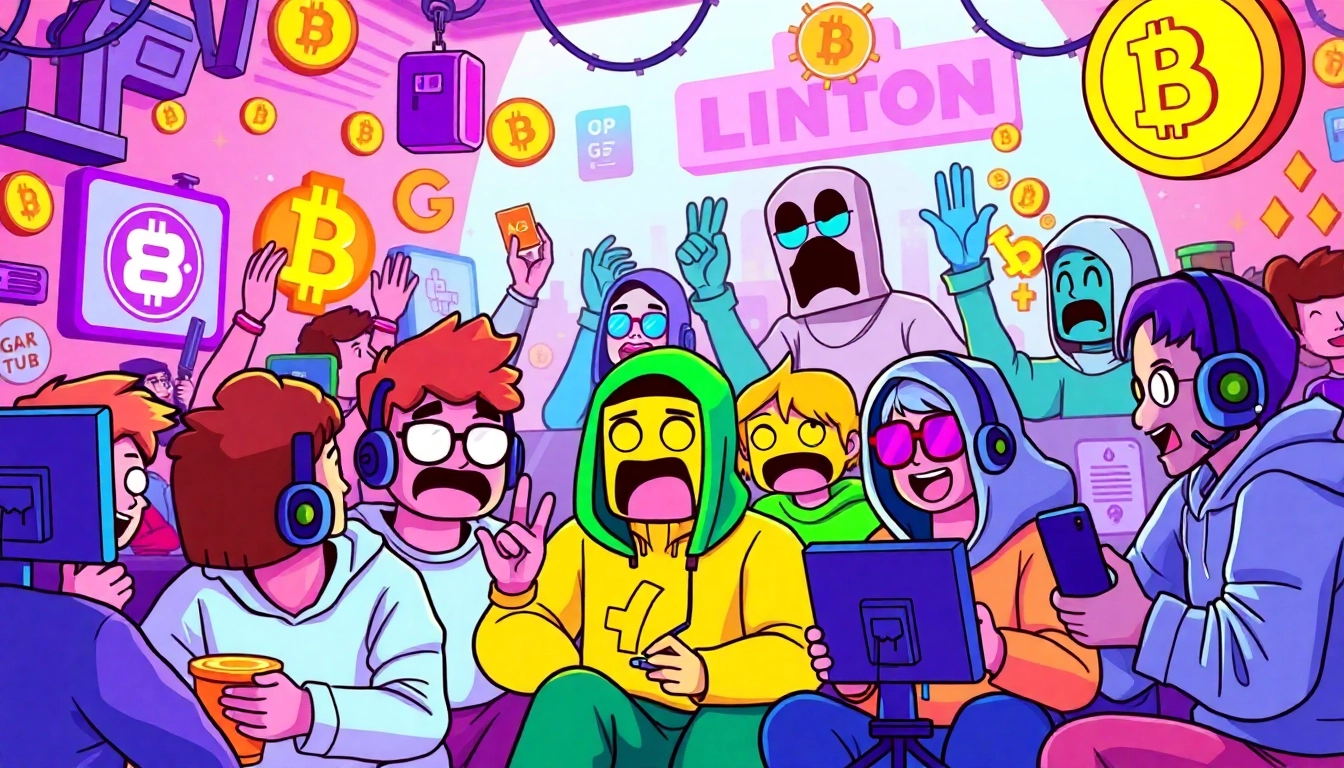 Engaging crypto community meme illustration showcasing lively characters and blockchain icons