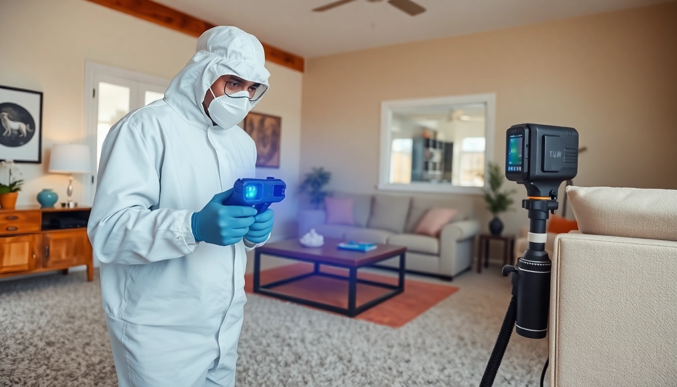 Technicus voert inspectie uit in een woonkamer met detectieapparatuur