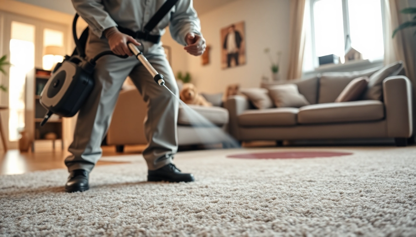 Pest control technician treating a living room for fleas with spraying equipment in a family-friendly home.