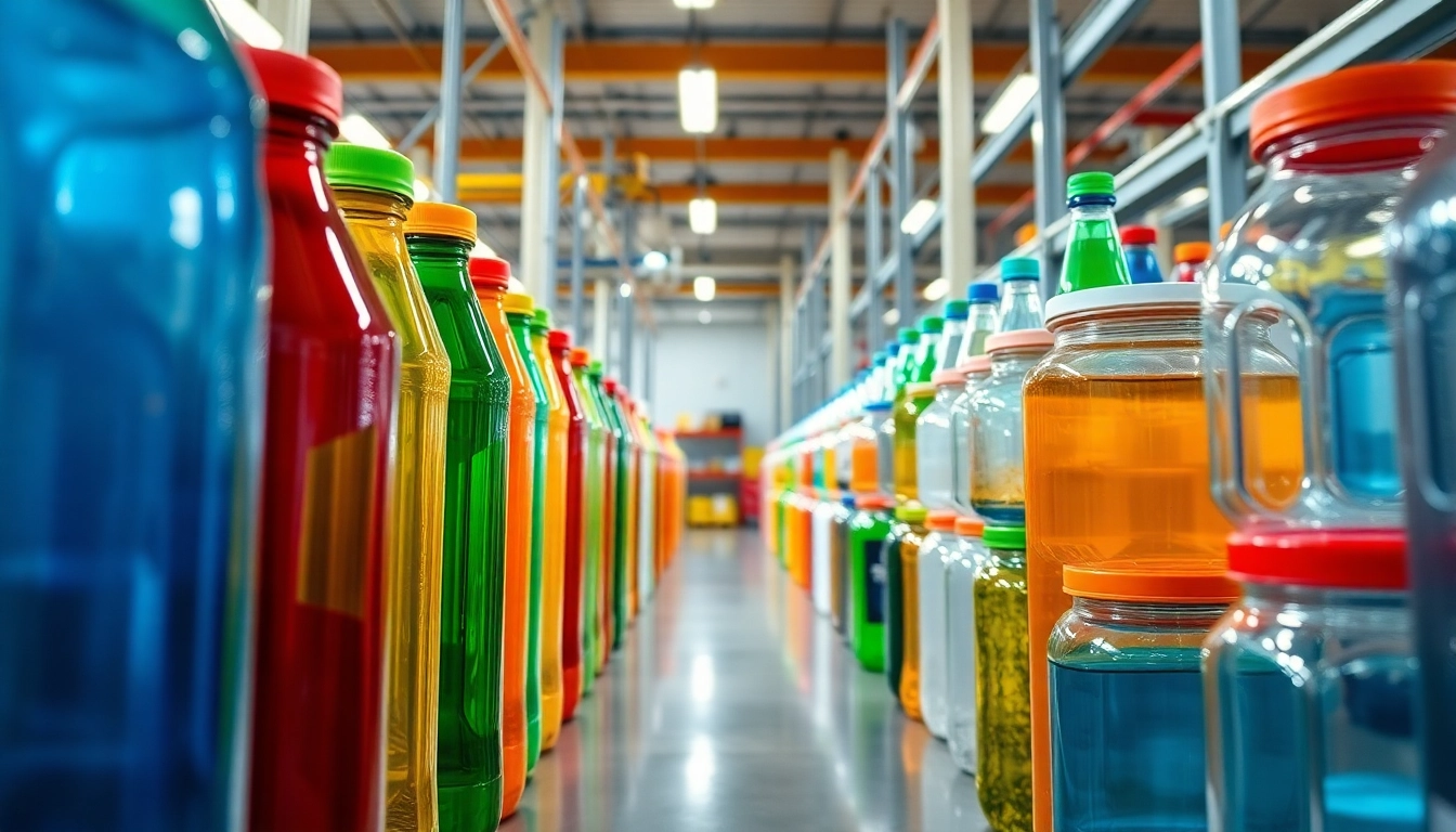 Plastic sise manufacturing process with colorful bottles in a modern factory setting