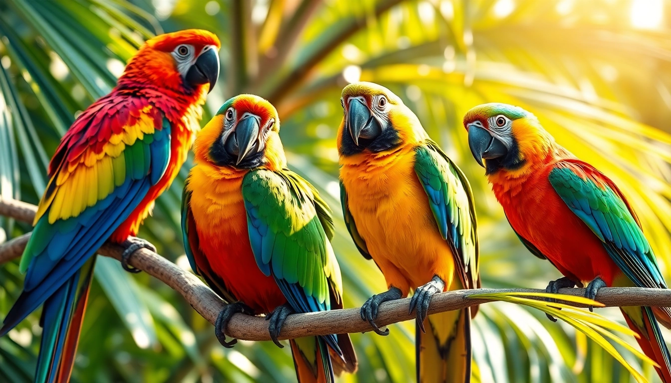 Vivid parrots nesting on tropical trees showcasing vibrant feathers and playful behavior for