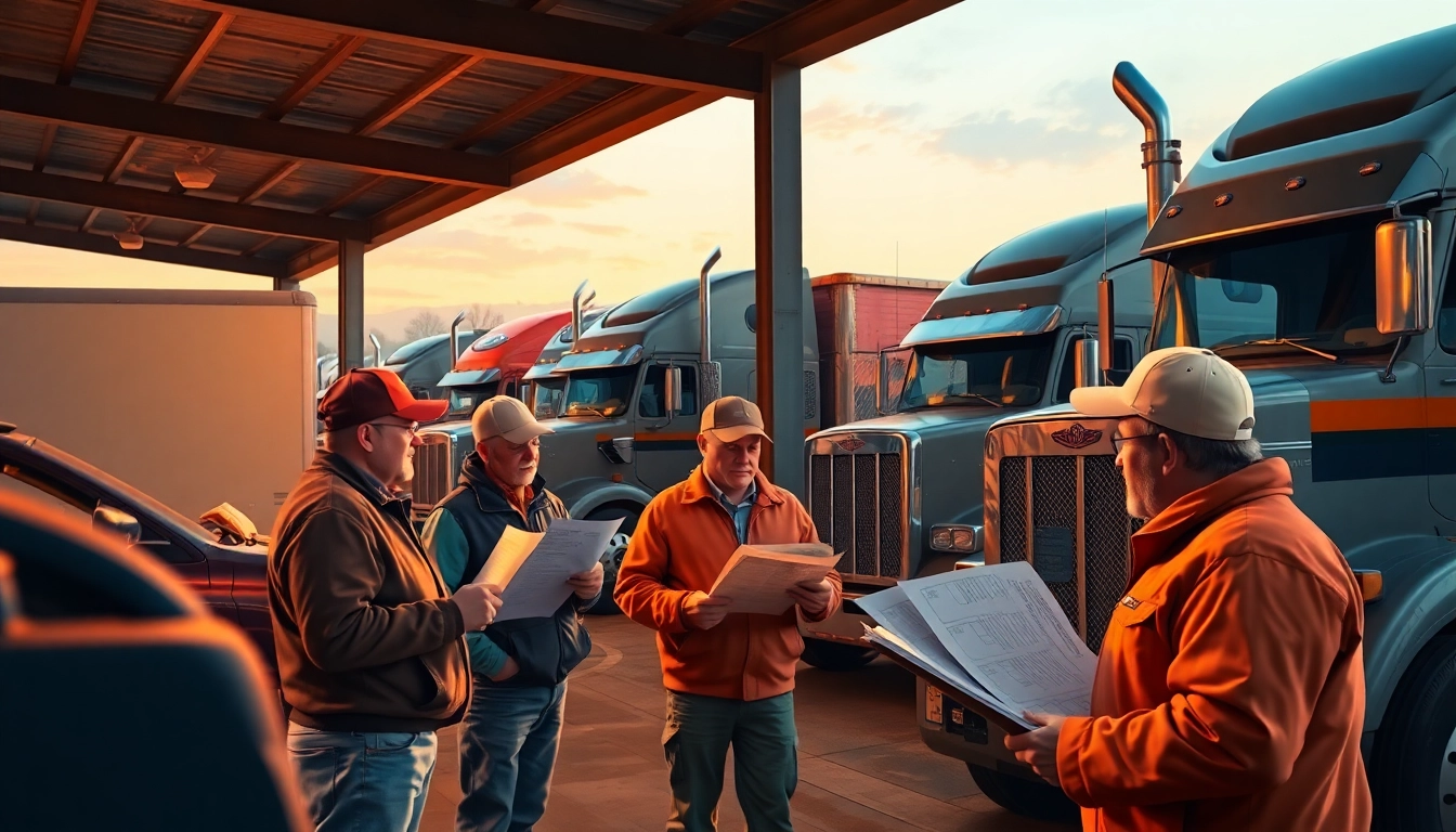 Truckers reviewing trucker reviews at a busy rest stop with trucks in background for authentic