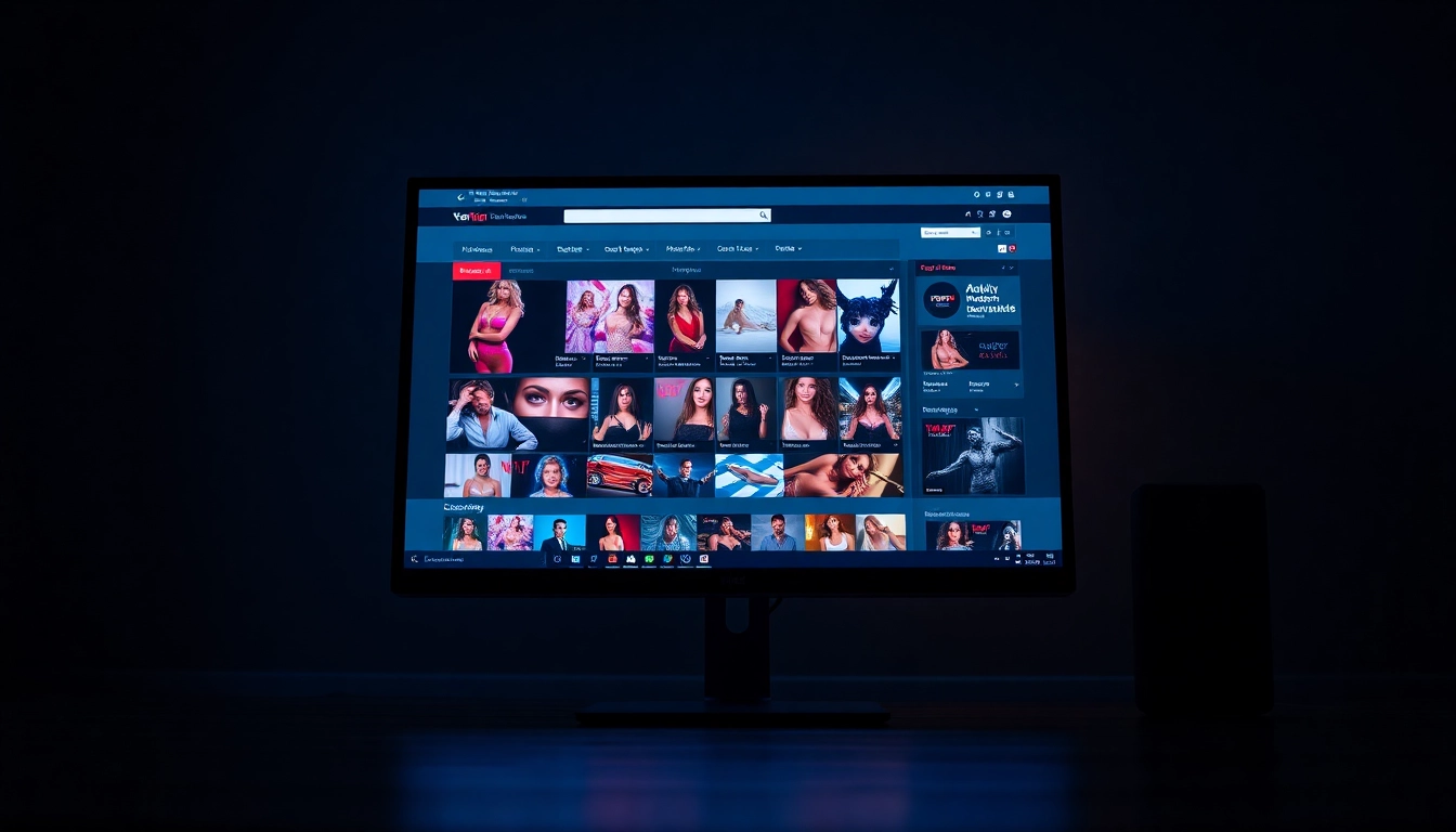 Screenshot of an adult website interface with video thumbnails and navigation menus.