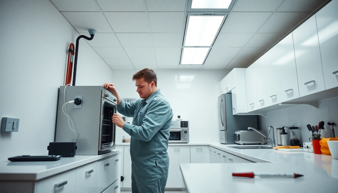 Professional appliance repair Toronto technician fixing a refrigerator in a bright kitchen
