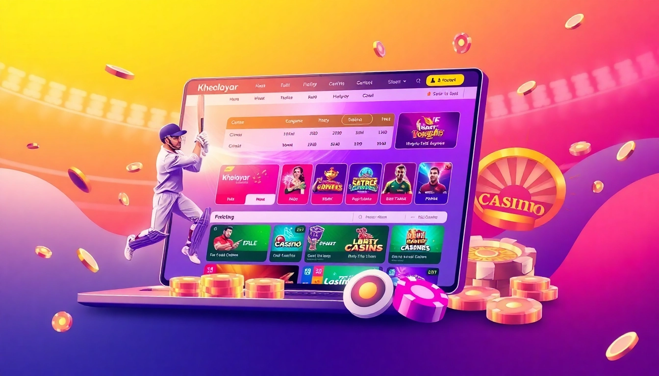 Kheloyar online betting app interface with cricket and casino games, vibrant colors,