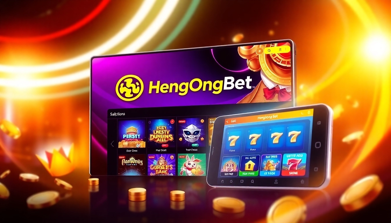 Hengongbet logo displayed on a sleek mobile device with colorful casino games in the