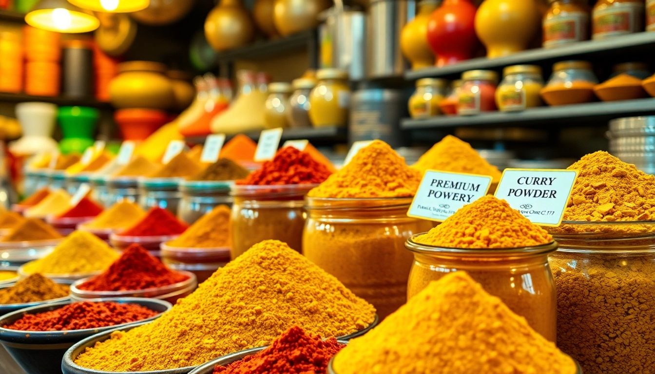 High-quality curry powder displayed in jars with bright spices, showcasing rich color and