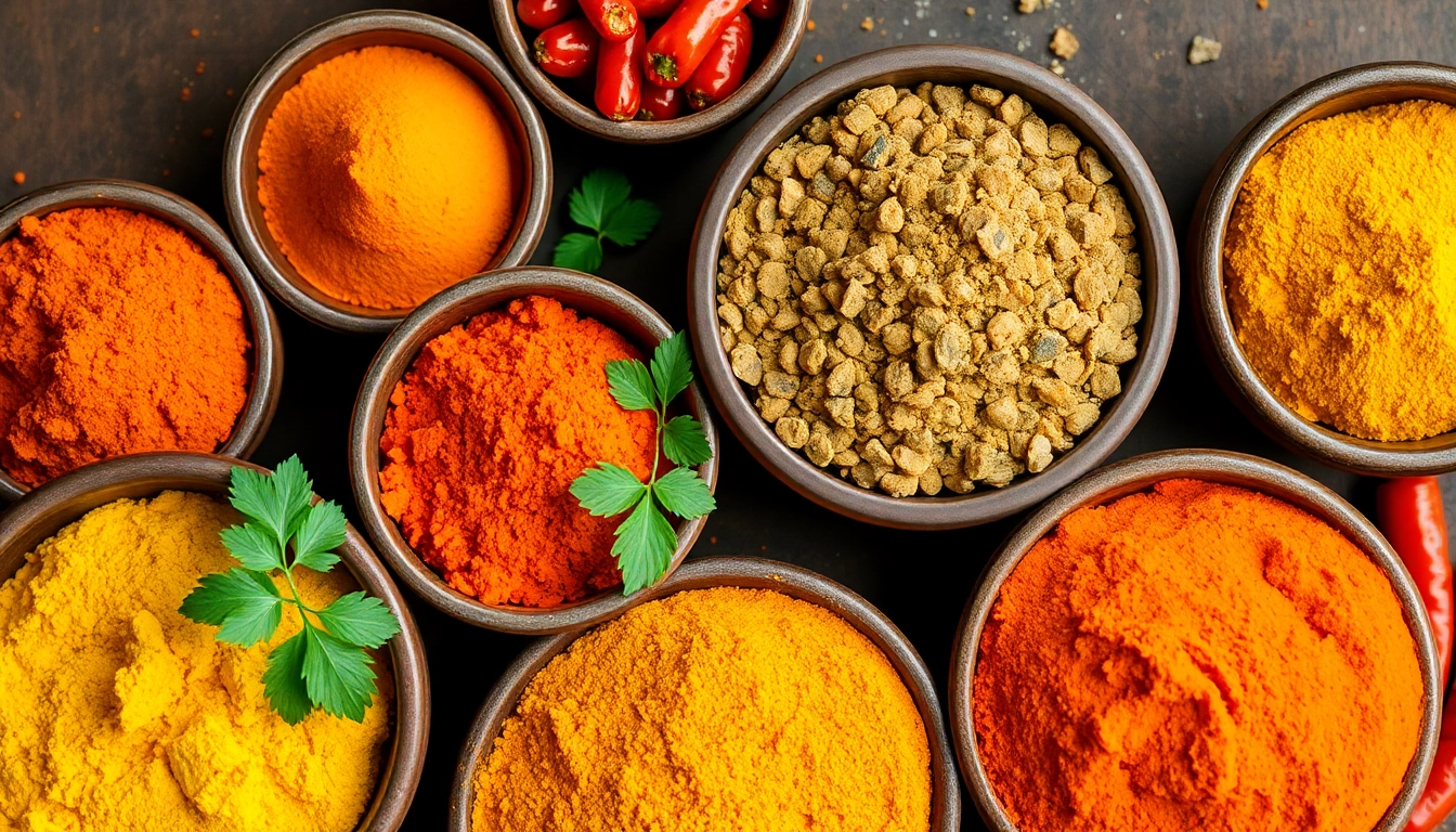 Curry powder displayed alongside spices and herbs, showcasing fresh ingredients for authentic flavor